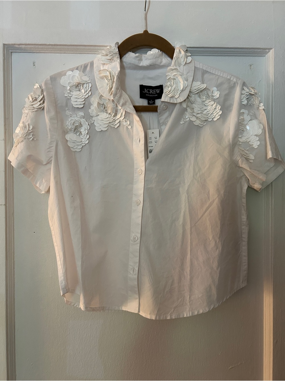 J. Crew White Sequin Floral Button-Up Shirt